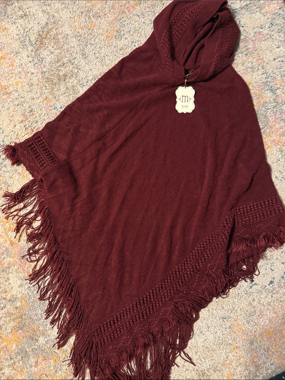 Hooded Fringe Poncho Sweater in Burgundy